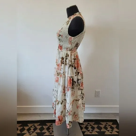Cream Floral Midi Dress Smocked Tiered Fairy Cottage Whimsical Pastoral Maiden S - Picture 3 of 10